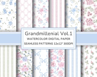 Grandmillenial Watercolor Digital Paper Pack Vol.1 | Romantic Cottage Seamless Patterns | Vintage Flowers Printable Scrapbook Paper