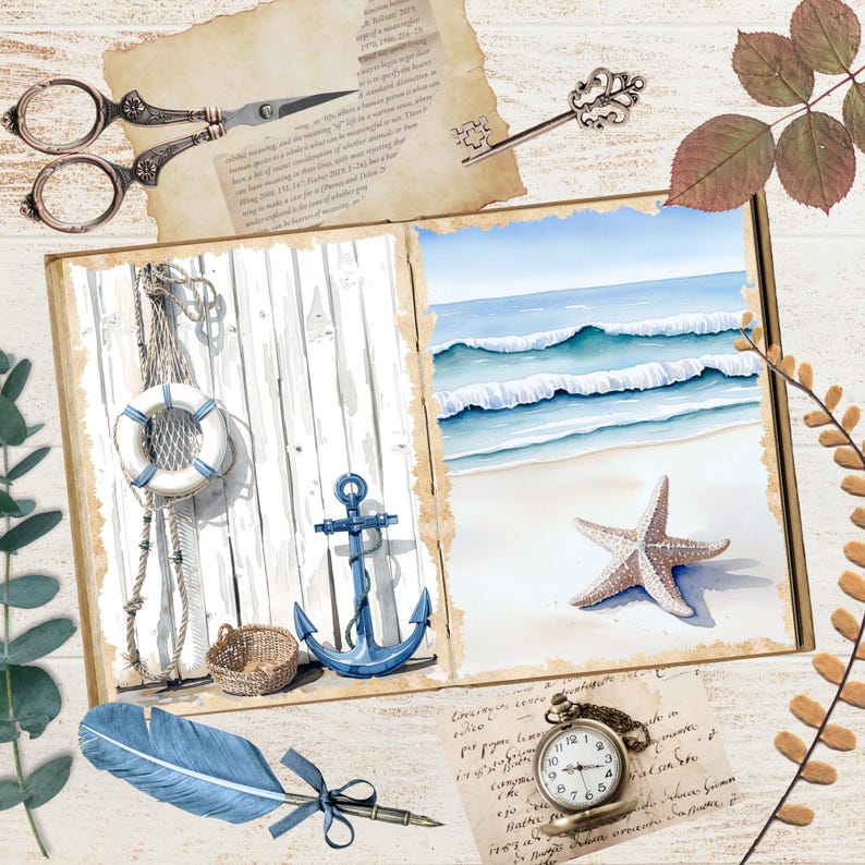 May include: An open scrapbook with nautical and beach-themed watercolor illustrations. Includes a life preserver, anchor, starfish, and ocean waves. Decorative elements include a quill pen, vintage scissors, and a pocket watch.