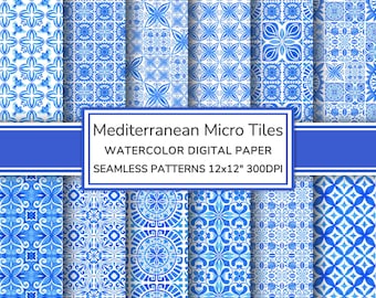 Mediterranean Blue Micro Tiles Watercolor Digital Paper Pack | Sicilian Tile Seamless Patterns | Greece Majolica Printable Paper Scrapbook