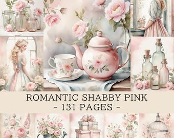 Páginas románticas de estilo shabby chic en rosa para diario creativo / Papel digital elegante en rosa francés / Papel para álbum de recortes imprimible con estampado floral vintage de té