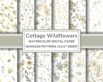 Cottage Wildflowers Watercolor Digital Paper Pack | Floral Seamless Patterns | Country Flowers Printable Scrapbook Paper