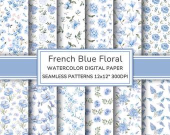 French Blue Floral Watercolor Digital Paper Pack | Grandmillenial Seamless Patterns | Blue Cottage Printable Scrapbook Paper