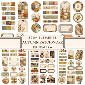 Op de afbeelding: Een collectie van 200+ herfst patchwork ephemera elementen met rechthoekige labels, ronde etiketten en stroken met patronen van pompoenen, bladeren, ruiten en bloemmotieven in warme oranje, groene en bruine tinten met tekstoverlays.