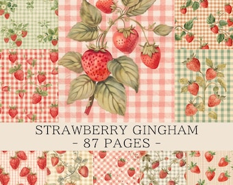 Strawberry Gingham Junk Journal Pages | Floral Berry Printable Scrapbook Paper | Cottage Digital Paper