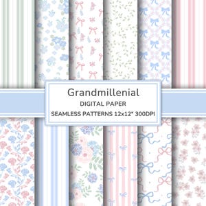 May include: A collection of seamless digital paper patterns in pastel colors. Designs include floral, bow, and striped patterns in shades of blue, pink, and green. The text "Grandmillenial DIGITAL PAPER SEAMLESS PATTERNS 12x12" 300DPI" is displayed on a white and blue background.