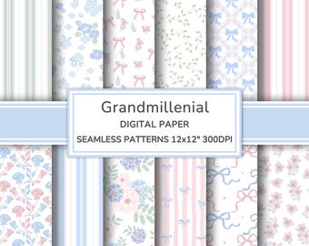 Grandmillenial Digital Paper Pack | Romantic Cottage Seamless Patterns | Flowers Printable Scrapbook Paper | Bows Backgrounds