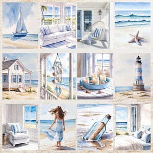 May include: A collection of watercolor paintings featuring coastal themes. Images include a sailboat, a white sofa with blue striped pillows, a hanging chair, a starfish on the beach, a beach house, a seashell wind chime, candles, a lighthouse, a woman walking on the beach, and a message in a bottle.