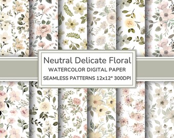 Neutral Delicate Floral Watercolor Digital Paper Pack | Soft Flowers Seamless Patterns | Cottage Printable Scrapbook Paper