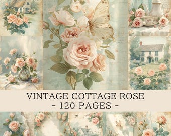 Páginas de diario de recortes con rosas de estilo rústico vintage / Papel para álbum de recortes con flores de estilo shabby chic para imprimir / Papel digital con estampado floral campestre