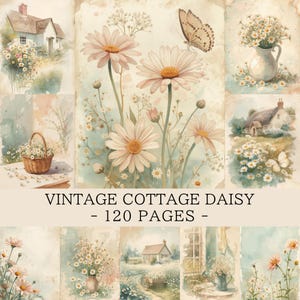 Puede incluir: Un collage de ilustraciones en acuarela con margaritas, casas de campo y mariposas. El texto "VINTAGE COTTAGE DAISY - 120 PAGES -" se muestra. La paleta de colores incluye rosas suaves, verdes y cremas.