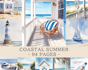 May include: Watercolor illustrations of coastal scenes, including a beach house, lighthouse, sailboat, and beach chair. The images are in shades of blue, white, and tan, with the text "COASTAL SUMMER - 94 PAGES -" at the bottom.