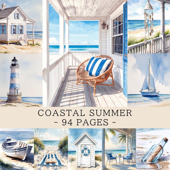 Coastal Summer Junk Journal Pages | Seaside Digital Paper | Ocean Printable Scrapbook Paper