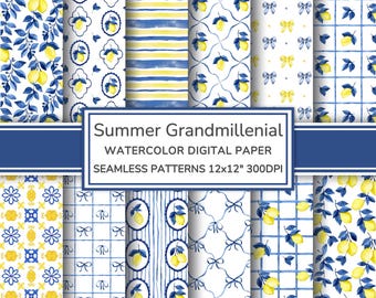 Summer Grandmillenial Watercolor Digital Paper | Romantic Mediterranean Lemon Seamless Patterns | Majolica Printable Scrapbook Paper