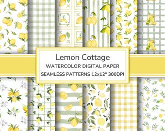 Lemon Cottage aquarel digitaal papier | Naadloze citruspatronen | Afdrukbaar papieren plakboek met bloemenland citroen