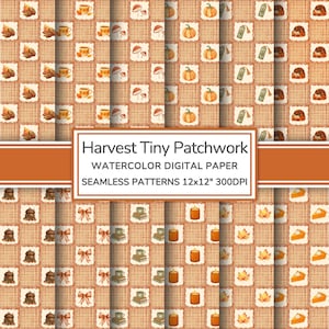 May include: A digital paper set featuring a seamless patchwork pattern with orange plaid squares and white scalloped frames containing watercolor illustrations of pumpkins, acorns, hedgehogs, coffee mugs, candles, leaves, and pumpkin pie slices.