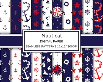 Nautical Digital Paper Pack | Maritime Seamless Patterns | Coastal Sea Printable Paper Scrapbook | Sea Nautical Ocean Backgrounds