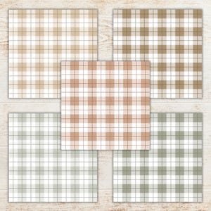 May include: A collection of five square patterned papers in various neutral colors. The patterns are a classic gingham check design, with alternating squares of white and shades of beige, brown, and green. The papers are arranged on a light wood surface.