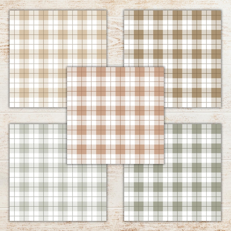 May include: A collection of five square patterned papers in various neutral colors. The patterns are a classic gingham check design, with alternating squares of white and shades of beige, brown, and green. The papers are arranged on a light wood surface.