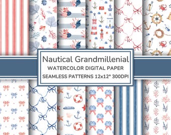 Nautical Grandmillenial Watercolor Digital Paper Pack | Seaside Coastal Seamless Patterns | Summer Sea Printable Paper Scrapbook