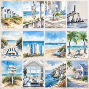 May include: A collection of watercolor paintings featuring coastal scenes. The artwork depicts beach houses, surfboards, a lighthouse, and beachside views with a blue and white color palette. The paintings evoke a sense of tranquility and summer vibes.