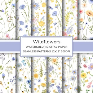 May include: Watercolor digital paper with seamless patterns of wildflowers in shades of blue, yellow, and pink, set against a white backdrop. The text "Wildflowers" is displayed on a light blue banner. The patterns are 30.48cm x 30.48cm.