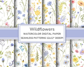Wildflowers Watercolor Digital Paper Pack | Flowers Seamless Patterns | Meadow Floral Printable Scrapbook Paper