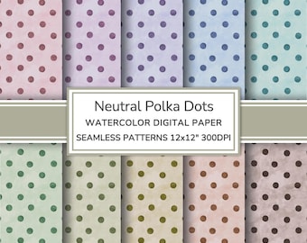 Neutral Polka Dots Watercolor Digital Paper Pack | Dusty Polka Dots Seamless Patterns | Cottage Soft Polka Dots Printable Scrapbook Paper