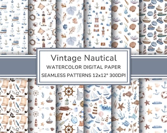 Vintage Nautical Watercolor Digital Paper Pack | Seaside Coastal Seamless Patterns | Maritime Ocean Printable Paper Scrapbook