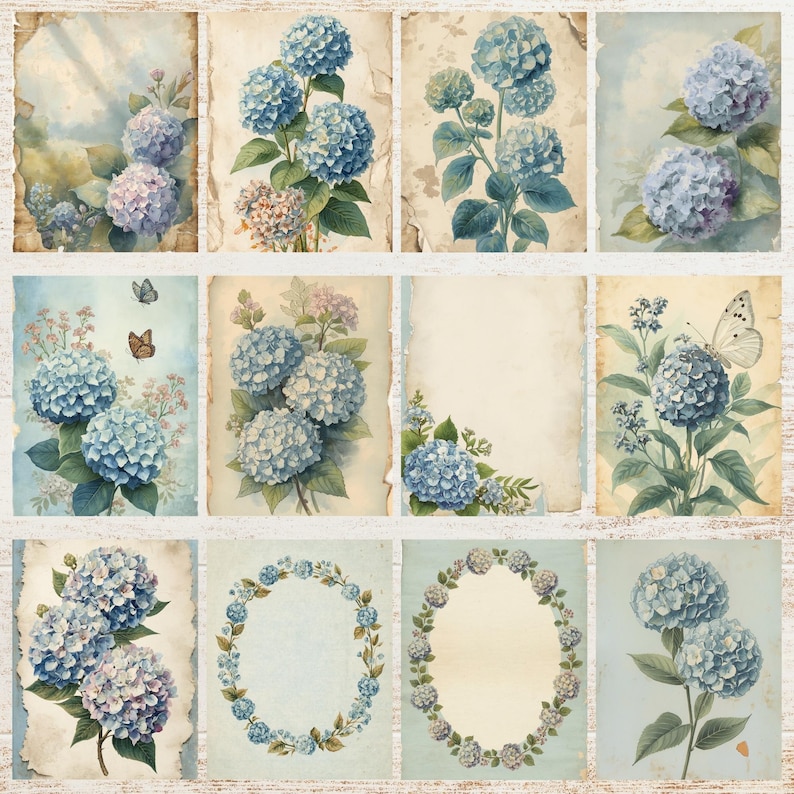 Serenity Hydrangea Junk Journal Pages | Hydrangeas Flowers Digital ...