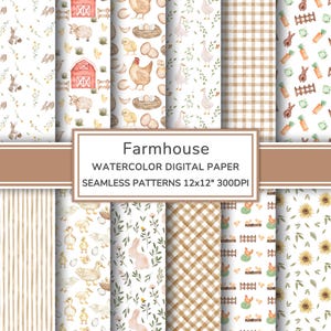 Bauernhaus Aquarell Digital Paper Pack | Rustikale Land nahtlose Muster | Cottage Tiere druckbares Scrapbook-Papier
