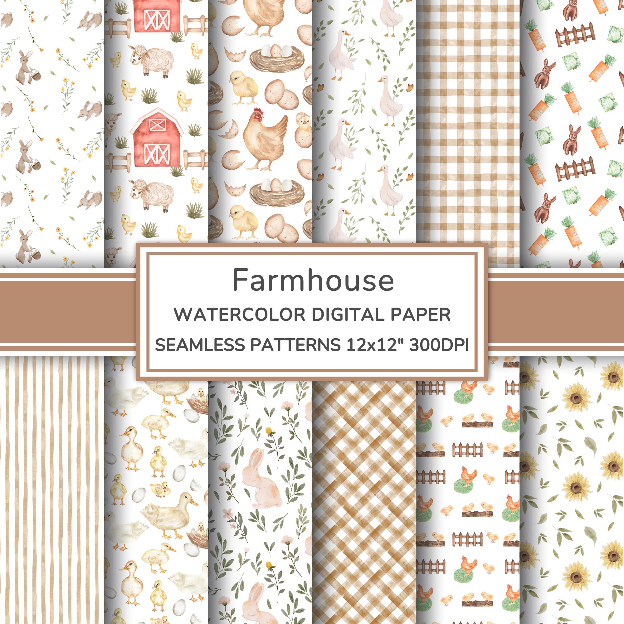 Farmhouse Watercolor Digital Paper Pack | Rustic Country Seamless ...