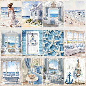 May include: A collection of watercolor paintings with a coastal theme. The images depict beach scenes, a white beach house, interior designs with blue and white decor, and starfish on a blue background. The overall aesthetic is serene and nautical.