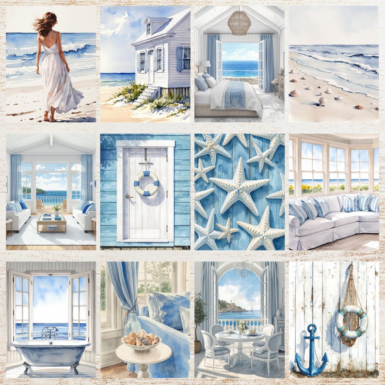 May include: A collection of watercolor paintings with a coastal theme. The images depict beach scenes, a white beach house, interior designs with blue and white decor, and starfish on a blue background. The overall aesthetic is serene and nautical.