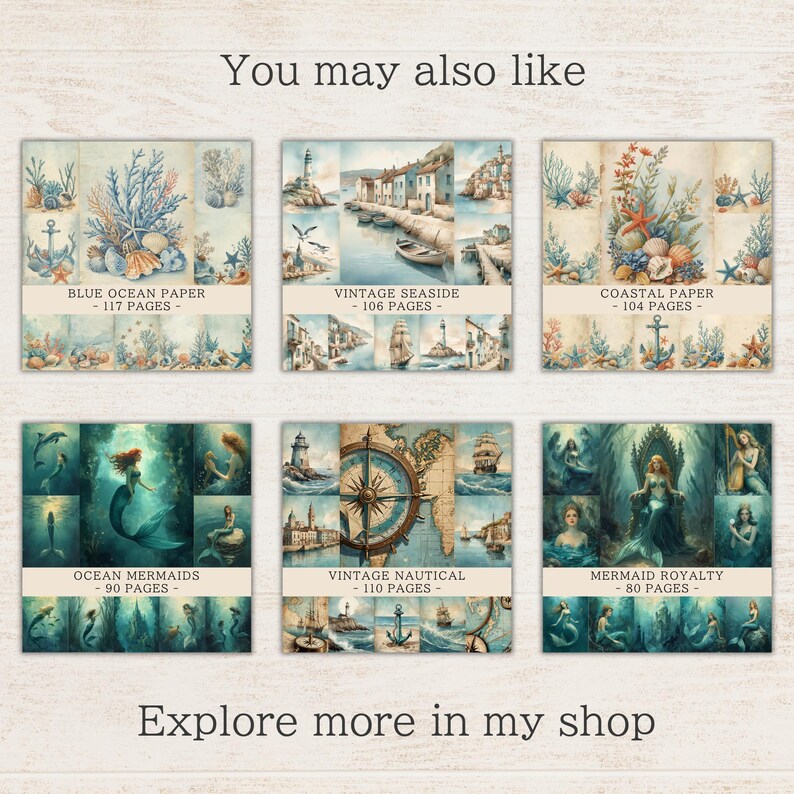 May include: A collection of six digital paper packs with nautical and mermaid themes. Each pack features watercolor illustrations of ocean scenes, mermaids, and vintage maps. Titles include "Blue Ocean Paper," "Vintage Seaside," and "Mermaid Royalty."