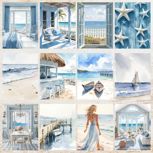 May include: A collection of watercolor paintings featuring coastal scenes. Images include a bedroom with ocean views, a porch swing, open windows overlooking the sea, starfish on a blue wooden surface, and beach scenes with boats and a woman in a blue dress.