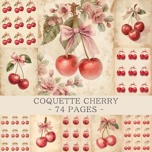 Può includere: Illustrazione ad acquerello con ciliegie rosse con fiocchi rosa e dettagli floreali. L'immagine include diverse composizioni di ciliegie, con il testo "COQUETTE CHERRY - 74 PAGES -" in basso.