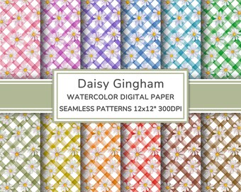 Daisy Gingham Watercolor Digital Paper Pack | Rustic Cottage Seamless Patterns | Country Floral Printable Scrapbook Paper