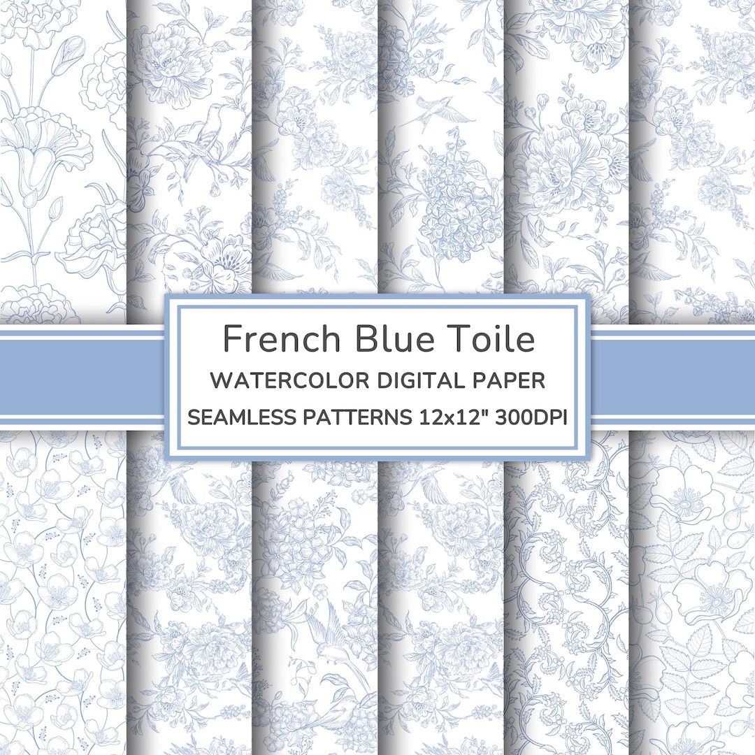 French Blue Toile De Jouy Digital Paper Pack | Floral Seamless Patterns ...