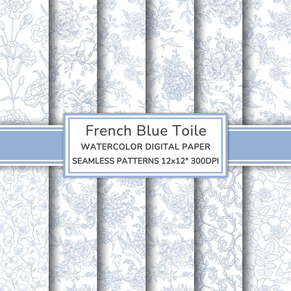 French Blue Toile De Jouy Digital Paper Pack | Floral Seamless Patterns ...