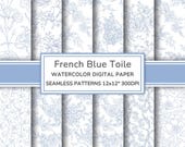 French Blue Toile De Jouy Digital Paper Pack | Floral Seamless Patterns | Vintage Flowers Printable Scrapbook Paper