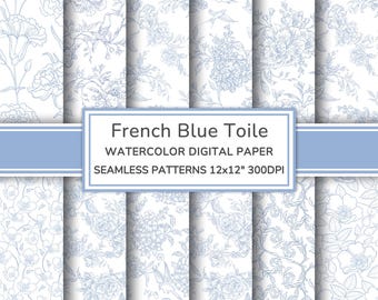 French Blue Toile De Jouy Digital Paper Pack | Floral Seamless Patterns | Vintage Flowers Printable Scrapbook Paper