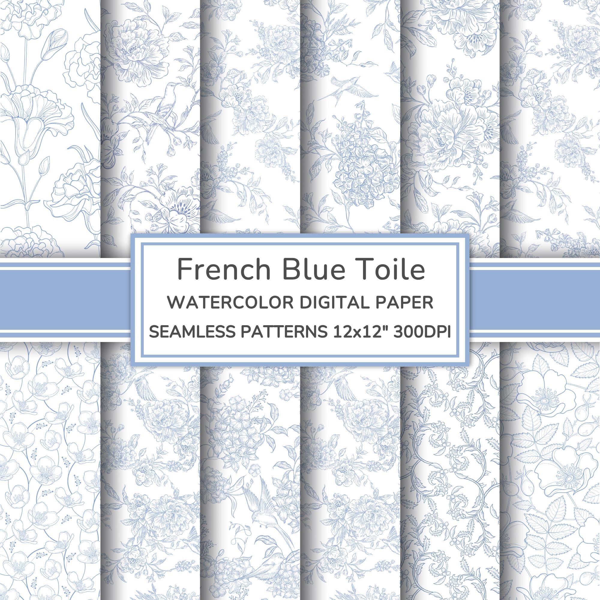 French Blue Toile De Jouy Digital Paper Pack | Floral Seamless Patterns ...