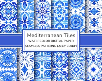 Mediterranean Blue Tiles Watercolor Digital Paper Pack | Sicilian Majolica Seamless Patterns | Amalfi Tile Pattern Printable Paper Scrapbook
