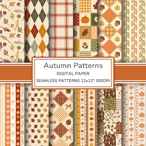 Könnte beinhalten: Eine Sammlung digitaler Papierbögen mit Herbstmustern, darunter Kürbisse, Eicheln, Blätter, Pilze, Karos und Rautenmuster. Ein zentrales Etikett zeigt den Text Autumn Patterns DIGITAL PAPER SEAMLESS PATTERNS 12x12" 300DPI.