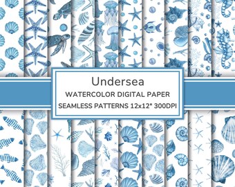 Undersea Watercolor Digital Paper Pack | Ocean Seamless Patterns | Sea Animals Printable Scrapbook Paper | Blue Sea Backgrounds