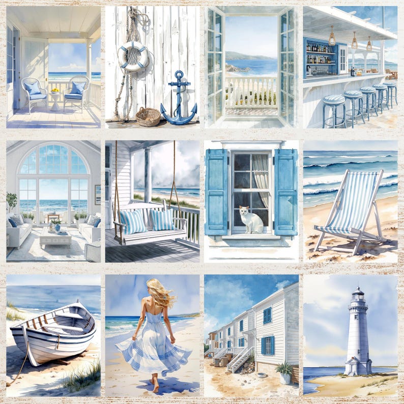 May include: A collection of watercolor paintings featuring coastal scenes. Images include a porch with chairs, a life preserver, an anchor, a view of the ocean, a bar, a living room, a swing, a cat in a window, a beach chair, a boat, a woman on the beach, and a lighthouse.
