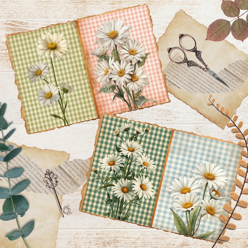 Rustic Cottage Daisy Junk Journal Pages | Gingham Daisies Digital Paper ...