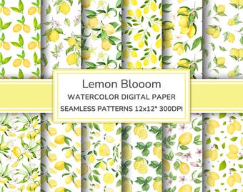Lemon Bloom Watercolor Digital Paper | Citrus Seamless Patterns | Floral Lemon Printable Paper Scrapbook