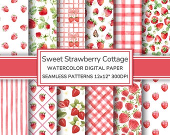 Sweet Strawberry Cottage Watercolor Digital Paper Pack | Floral Berry Seamless Patterns | Grandmillenial Printable Scrapbook Paper