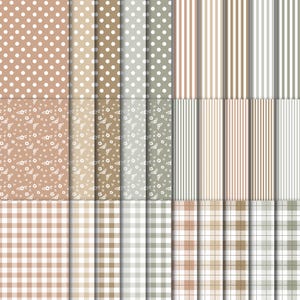 May include: A collection of patterned papers in various designs and colors. The patterns include polka dots, floral prints, stripes, and gingham checks. The color palette features shades of brown, beige, and white, creating a neutral and versatile aesthetic.